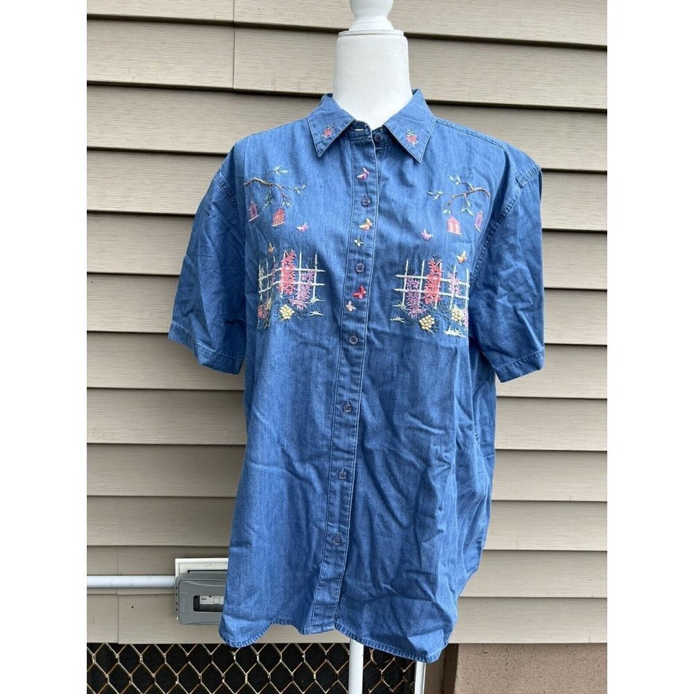Northern Treasures Size XL Chambray Short Sleeve Embroidered cotton Blouse Denim